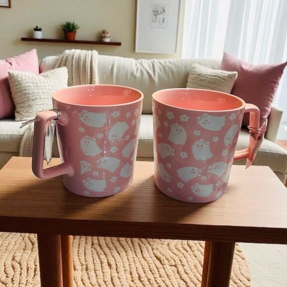 10 Strawberry Street Happy Hauntings Pink Halloween Ghost Mug Set of 2 NEW - Picture 1 of 5